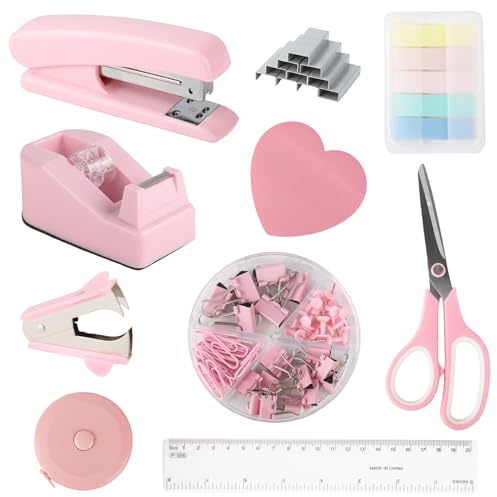 DaizySight Kit de fournitures de bureau et d'accessoires rose avec agrafeuse et distributeur de ruban adhésif pour filles avec agrafeuse, distributeur de ruban adhésif, dissolvant, règle, fournitures