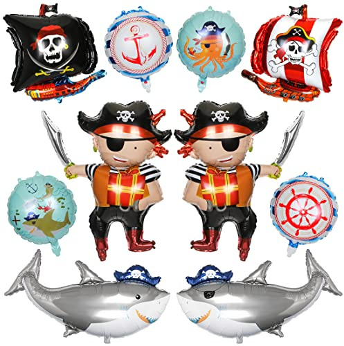 10 Stück Piratenschiff Luftballons, XXL Hai Helium Ballon, Kinder Piraten Folienballon, Ozeantiere Hai Helium Ballons, Skelett Muster Party Dekoration Ballon für Jungen Mädchen Geburtstag