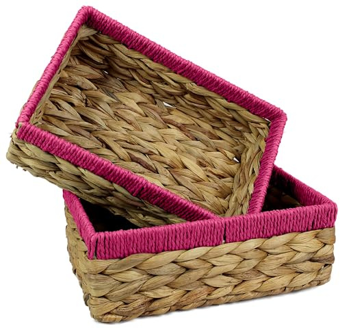 Rectangular Water Hyacinth Small Basket for Storage - Natural & Pink Wicker Basket Shelves - Open Decorative Gift Box - Mini Tray for Makeup, Kitchen Organiser (24cm, Pack of 2)