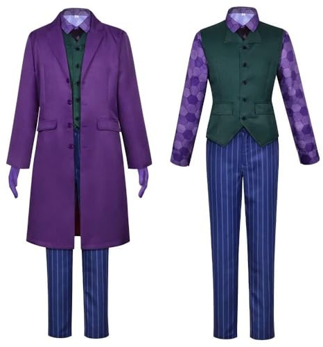 XehCaol 6pcs Joker Costume Men, Clown Costume Dark Knight Suit Halloween Carnival Cosplay Costume Props, Adult, M