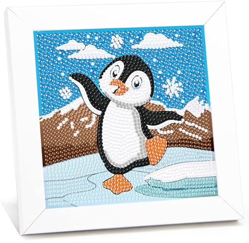 Viart Pinguin Diamond Painting kinder mit Rahmen,Pinguin 5D Diamond Art Anfänger Bilder Kinder,Diamant Painting Home Decor Geschenk für Kinder ab 6 Jahren(15x15cm)