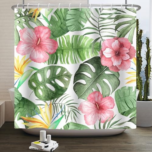 Duschvorhang Rosa Blume Gelb Duschvorhang Stoff Polyester Badevorhang Duschvorhang Wasserdicht Antischimmel Shower Curtains mit 12 Duschvorhangringen Duschvorhang Badewanne 200x220cm