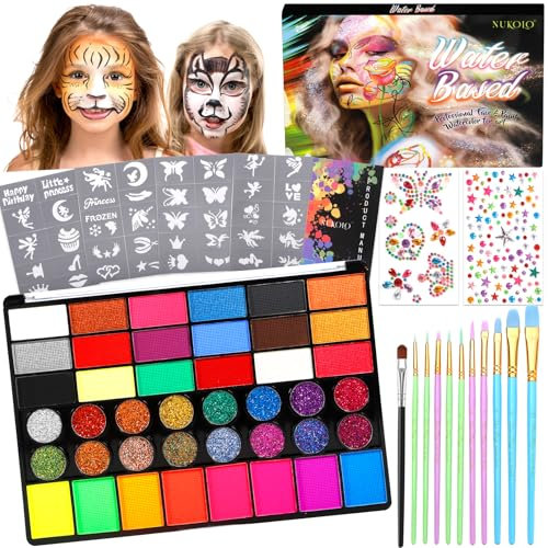 RDDAIPE Truccabimbi Kit, 42 Colori Truccabimbi Kit Anallergici Atossici, Trucca Bimbi, Truccabimbi, con 11 Pennelli, 40 Stampini, 2 Stencil a Diamante, Adatto per Halloween, Carnevale, Natale, Party
