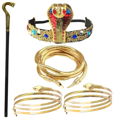 5 Stück Ägyptisches Kostüm Zubehör, Schlangen Zepter, Ägyptische Kobra Kopfbedeckung, Goldenes Schlangenarmband, Bendable Necklace Gold, ägyptische königin accessoires kostüm, für Karneval Halloween