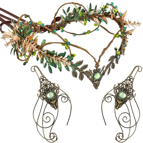 MOSTORY Mittelalterliches Fee Zubehör Set für Renaissance Kostüm Damen, Grün Woodland Elfenkrone und Elfenohren Armschutz Set für Cosplay Karneval
