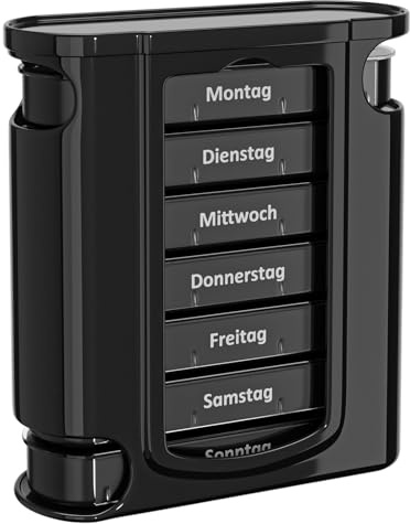 WELLGRO Tablettenbox für 7 Tage - Mit 4 Fächern pro Tag, Pillendose aus BPA-freiem Kunststoff (Schwarz)
