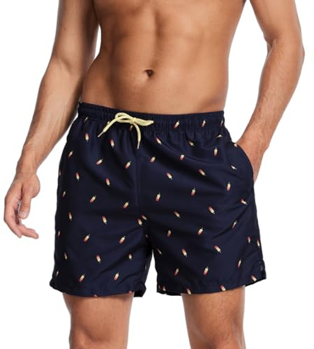 AMZSPORT Badbyxor för män, vattentäta badshorts, nätfoder, brädshorts med fickor, Marinblå glass, L