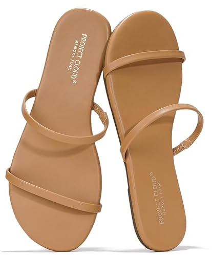 Project Cloud Summer Sandals for Women 2026 - Memory Foam Insole and Eco-Crafted Leather Beach Flip Flops for Women - Non Slip and Lightweight Double Strap Womens Sandals (Transition,TAN, 7.5)