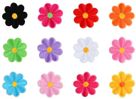 Dewocke påstrykbara tusensköna lappar, tygmärke stryklappar, set med 12 färgglada lappar med blommönster, klistermärken för byxor, väskor, tyger och jeans, lätt att applicera, perfekt för hantverk och