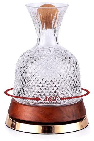 Drehbarer Weindekanter mit Holzsockel - 360° drehbarer Weinbelüfter für schnelle Sauerstoffversorgung, kristallklare Weinkaraffe Dekanter für Rotwein, elegantes Weindekanter-Set & Geschenkauswahl