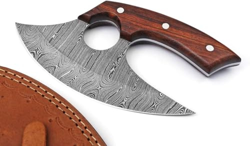 TATLA CRAFT Pizzaschneider Axt aus echtem Damaststahl – Handgeschmiedetes Damast Pizzamesser mit Rosenholzgriff & Lederscheide – Wiegemesser für Pizza, Fleisch & Gemüse with Leather Sheath, Wood,Steel