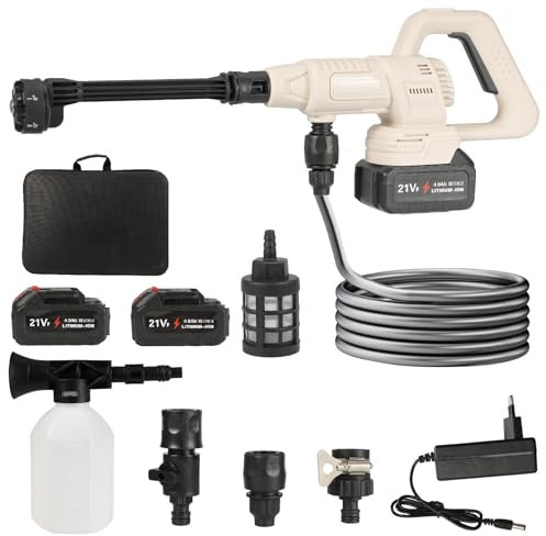 Nettoyeur haute pression sans fil sans balais 100 bar avec buse 6 en 1, débit : 380 l/h, 1000 W, 3ème vitesse, nettoyeur de surface mobile pour voiture/jardin (2 batteries)