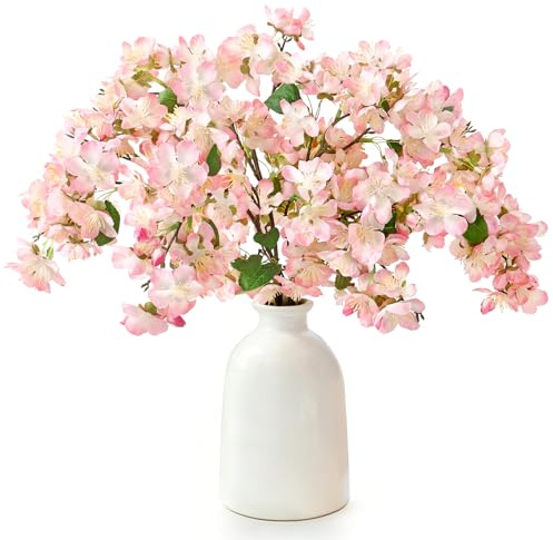 TOCHGREEN Artificial Cherry Blossom Branches 6PCS Fake Flowers Artificial Faux Silk Flowers Plum Tree Blossom Fake Plants Arrangement for Spring DIY Home Wedding Table Office Vase Decor (Pink)