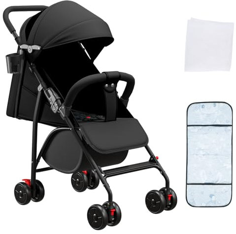 Kinderbuggy, Kinderwagen mit Sonnenschirm, Kinderwagen Zusammenklappbar, Buggy mit Liegefunktion, Kann Sitzen oder Liegen (schwarz-B)