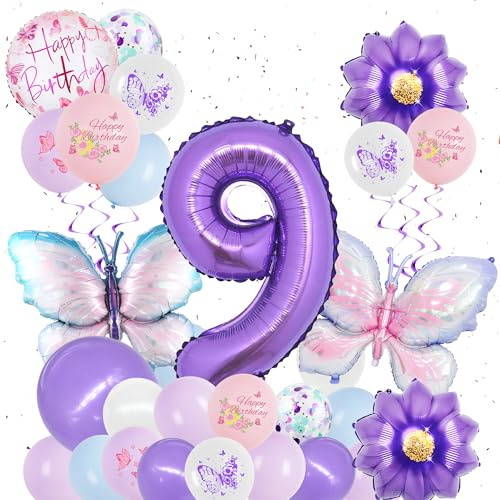 Lila Deko 9 Jahre Geburtstag Mädchen, 31 Stück Schmetterling Luftballons | Lila Geburtstagsdeko Ballons für Kinder, schmetterling Folienballons, große Zahlenballons