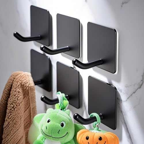 DELITON 6 Pack Towel Hooks for Hanging, Adhesive Hooks Stick on Wall for Bathroom Kitchen Heavy Duty Stainless Steel, Black