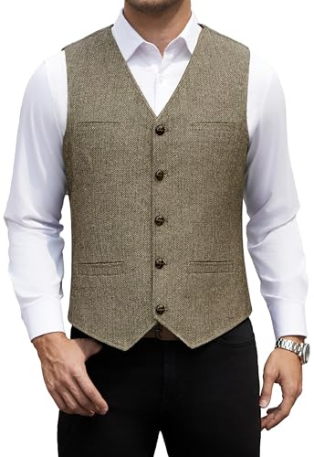 HISDERN Gilet Uomo Tweed Elegante Gilet Abito in Lana Vintage Panciotto Uomo Casual Business con Bottoni Marrone 4XL