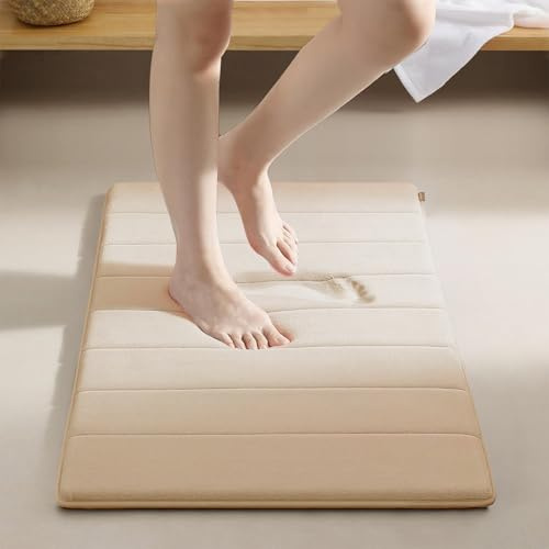 AMFUN 40x60cm Tapis de Bain en Mousse à Mémoire de Forme, Tapis de Bain Absorbant, Lavable en Machine (Beige)