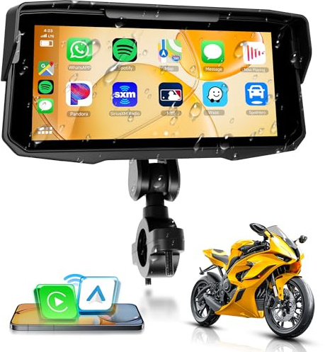 Rimoody sans Fil Carplay Display Moto Android Auto avec Support Amovible, 6.86 Pouces Écran Tactile Carplay Autoradio Portable pour Motocycle, Airplay/Android Cast/Bluetooh/Navigation/IP68 étanche