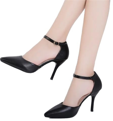 YGLONG Tacchi da Sposa da Donna Scarpe da Donna in Morbida Pelle con Punta A Punta E Tacco Alto, Cinturino alla Caviglia, Copri Tacco, Calzature Femminili(Black 8CM,34)