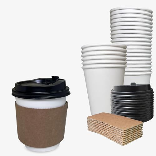 Confezione da 50 tazze da caffè usa e getta in carta bianca con coperchio nero a cupola e maniche protettive ondulate, perfette per casa, ufficio, caffetteria, viaggi, tè