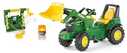 Rolly Toys rollyFarmtrac John Deere med frontlastare, vinsch och blinkande ljus (3-delat set, sparkcykel för barn från 3 år med tillbehör) 710454