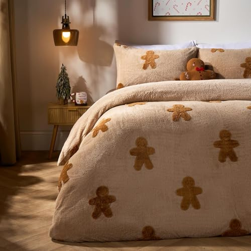 OHS Christmas Bedding Single, Tufted Gingerbread Man Teddy Fleece Duvet Set Super Soft Warm Cosy Thermal Winter Christmas Duvet Set Single Comfy Fleece Bedding with Pillowcases, Natural