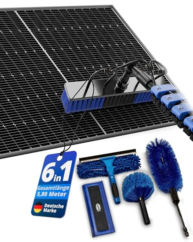 BoomDing Teleskop Waschbürste mit Photovoltaik Schneeschieber – 5,8 m – All-in-One Reinigungsset mit 5 Aufsätzen für PV Anlage, Wintergarten, Dachrinne & Terrassendach – mit Seifenspender