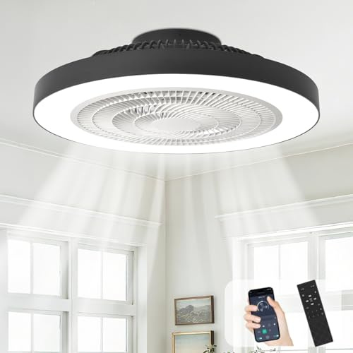 Depuley Ventilador de techo empotrado: Ventiladores de techo LED de perfil bajo de 20 pulgadas con luz para dormitorios - Ventilador sin aspas negro con control mediante aplicación para cocinas