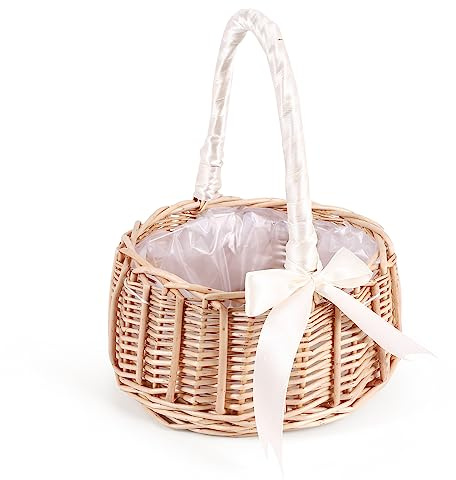 Povxlum Woven Flower Basket Rattan Storage Basket Flower Girl Hand Basket Handmade Flower Basket with Bow