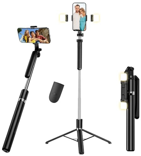Perche à selfie trépied avec 2 lumières de remplissage, télécommande sans fil, rotation à 360°, tout-en-un, portable, trépied extensible de 180 cm, perche à selfie pour iPhone/Samsung/smartphone