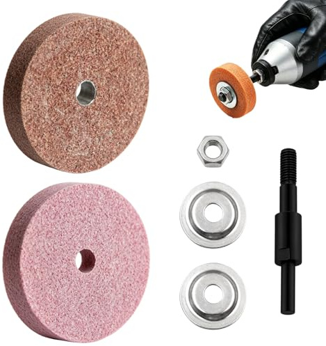 MAXMURYS Bohrmaschinen Schleifstein Set 75 mm – 2X Korund Schleifscheiben Körnung 80 mit Adapter, Schleifaufsatz für Bohrmaschine, Werkzeugschärfer Metall & Messer