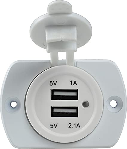 as - Schwabe USB Einbausteckdose 12V mit 2 USB Ports (5V/1A & 5V/2,1A) | Einbaudose Camping Caravan - mit Schutzkappe - inklusive 0,6m Kabel mit Ringösen - IP20 für Innenbereich - weiß, 61464