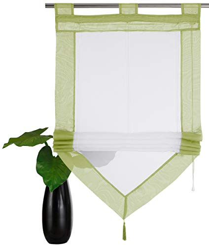 Devola Voile Scheibengardinen mit Quaste Panneaux HxB 140x45cm Grün | Gardine Zweifarbig Bistrogardine Küche Transparent Kurzstore mit Schlaufen Fenster Gardinen Modern 1er Pack