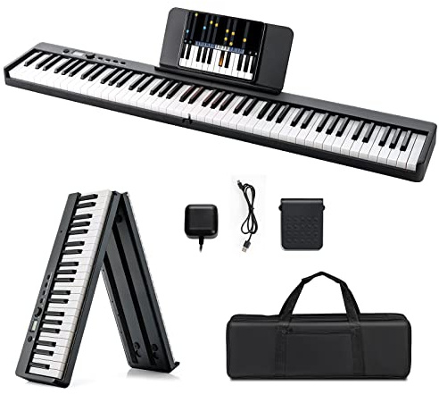 DREAMADE 88 Tastatur Keyboard mit Notenständer, Pedal, LCD-Display & LED-Licht Lehrfunktion, Klappbar & Tragbar E-Piano für Kinder und Anfänger (Schwarz)