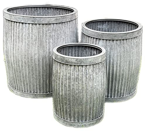 Darthome Set Of 3 Galvanised Tub Planters Large Metal Round Ribbed Dolly Garden Drum Pots