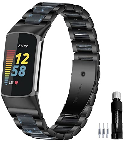 Gheper Harz Edelstahl Armband Kompatibel mit Fitbit Charge 6 / Charge 5 Smartwatch Armbändern Ersatz Metallarmband für Damen und Herren