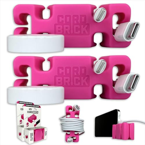 CordBrick 2pk Weighted Cord Holder for Nightstand - Phone Charger Cable Management for Travel, Phone Accessory, Stocking Stuffers for Adults - Multipurpose Gift for Home, Office, Silicone, Pink