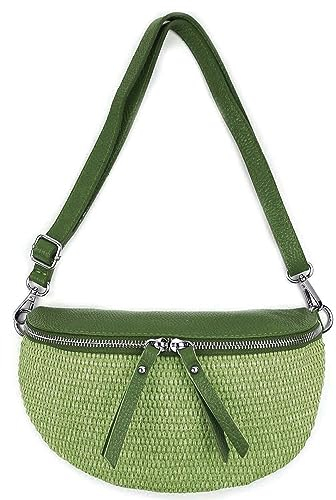 Made in Italy Damen Leder Tasche Basttasche Schultertasche Gürteltasche Sommer Strandtasche Crossbody Bauchtasche Umhängetasche Cross-Over Bodybag Handytasche Geflochten Bast Abendtasche Olivgrün