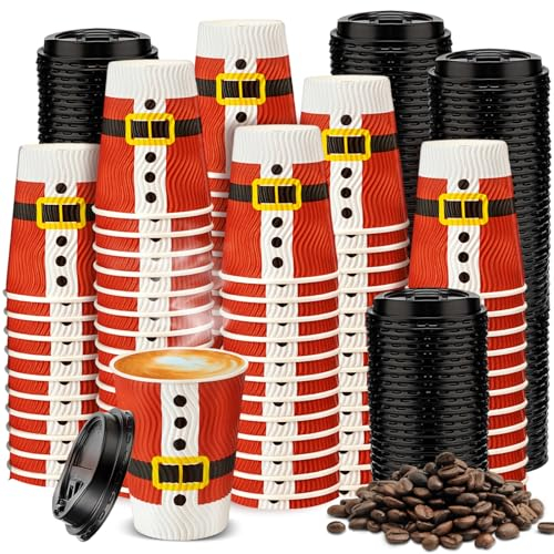 Maxcheck Lot de 100 tasses de Noël jetables avec couvercle - 355 ml - Gobelets en papier pour café, chocolat, Noël, Nouvel An (style ceinture de Noël)