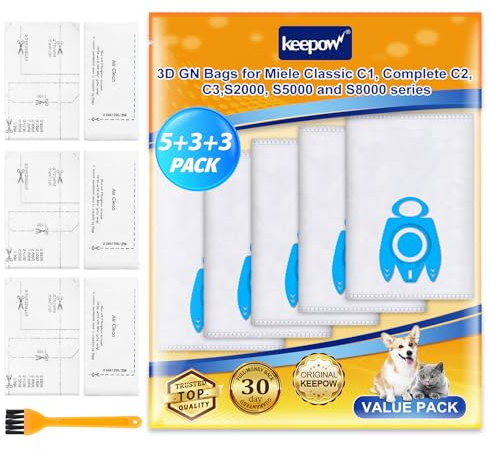 KEEPOW 5 Hoover Bags for Miele Complete C3 C2 C1, Classic C1, S2 S5 S8 Series, GN 3D Efficiency Vacuum Dust Bags, with 3 Filter Sets, 1Cleaning Brush