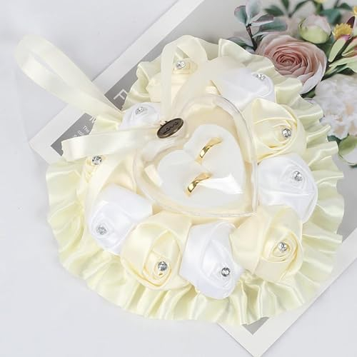 Hochzeit Ringkissen, Vintage Hochzeitsdeko Ehering-Kissen mit Satinband Schleife Ringhalter in Herzform Hochzeit deko Strass Ring Kissen Ringbox Kissen für Eheringe Verlobung Valentinstag-Beige