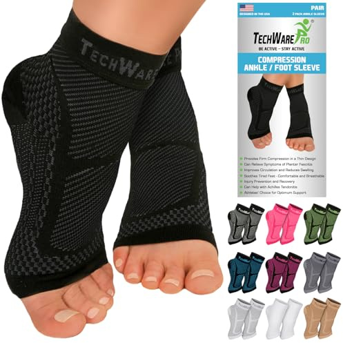 TechWare Pro Ankle Brace Compression Sleeve - Relieves Achilles Tendonitis, Joint Pain. Plantar Fasciitis Foot Sock with Arch Support Reduces Swelling & Heel Spur Pain. (Black/Black, L/XL)