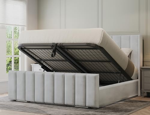 Furnishion King Size Bed Frame with Storage - Silver Velvet Ottoman Bed King Size - Panel Storage Bed Mattress Not Included - 48inch High Headboard