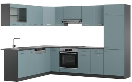 Vicco Eckküche R-Line, Blau-Grau/Anthrazit, 287 x 227 cm | 12 Module · Höhenverstellbare Füße · AP Anthrazit inkl. · Robuste Fronten · Mit Kühlschrankumbauschrank