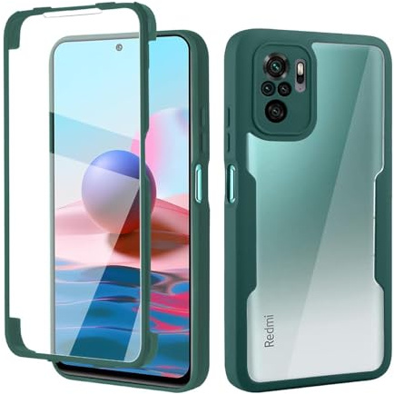 ILING Transparente Funda para Xiaomi Redmi Note 10 4G/Redmi Note 10S/POCO M5s, Moda Ultradelgado Antigolpes Carcasa con Protector de Pantalla Incorporado, Dura PC + Silicona TPU Bumper Cubierta, Verde