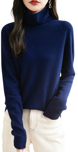Chanyarn Maglione da Donna in 100% Lana Merino Leggero Collo Alto Lavorato a Maglia Senza Cuciture a Maniche Lunghe Tops (Navy Blue,XL)