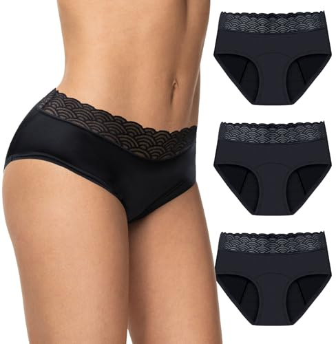 Feel Natural - Pack 3 Culottes Menstruelle - Sous Vêtement Femmes , Culotte de Regle Lavable Anti Fuite - Confort Hygiénique, Protection Absorbante Sans Couture - Dentelle - Noir - Taille S