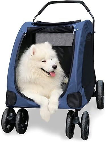 Haustier-Buggy, Hundebuggys für große Hunde, hochwertiger, robuster Hunde-/Katzen-/Haustier-Buggy, Reisewagen, Haustier-Buggy mit übergroßen Rädern innen (blau) (blau)