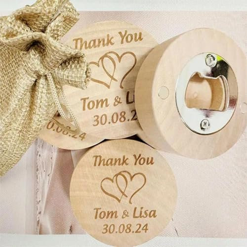 Abridor de botellas personalizado, abrebotellas de madera magnético de madera, grabado con nombre de madera para recuerdos de fiesta, compromisos, cumpleaños, bautizos de bebé (100 unidades)